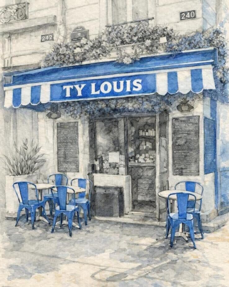 Aquarelle de la devanture de Ty Louis à Paris 12 : store bleu « TY LOUIS », tables et chaises bleues en terrasse