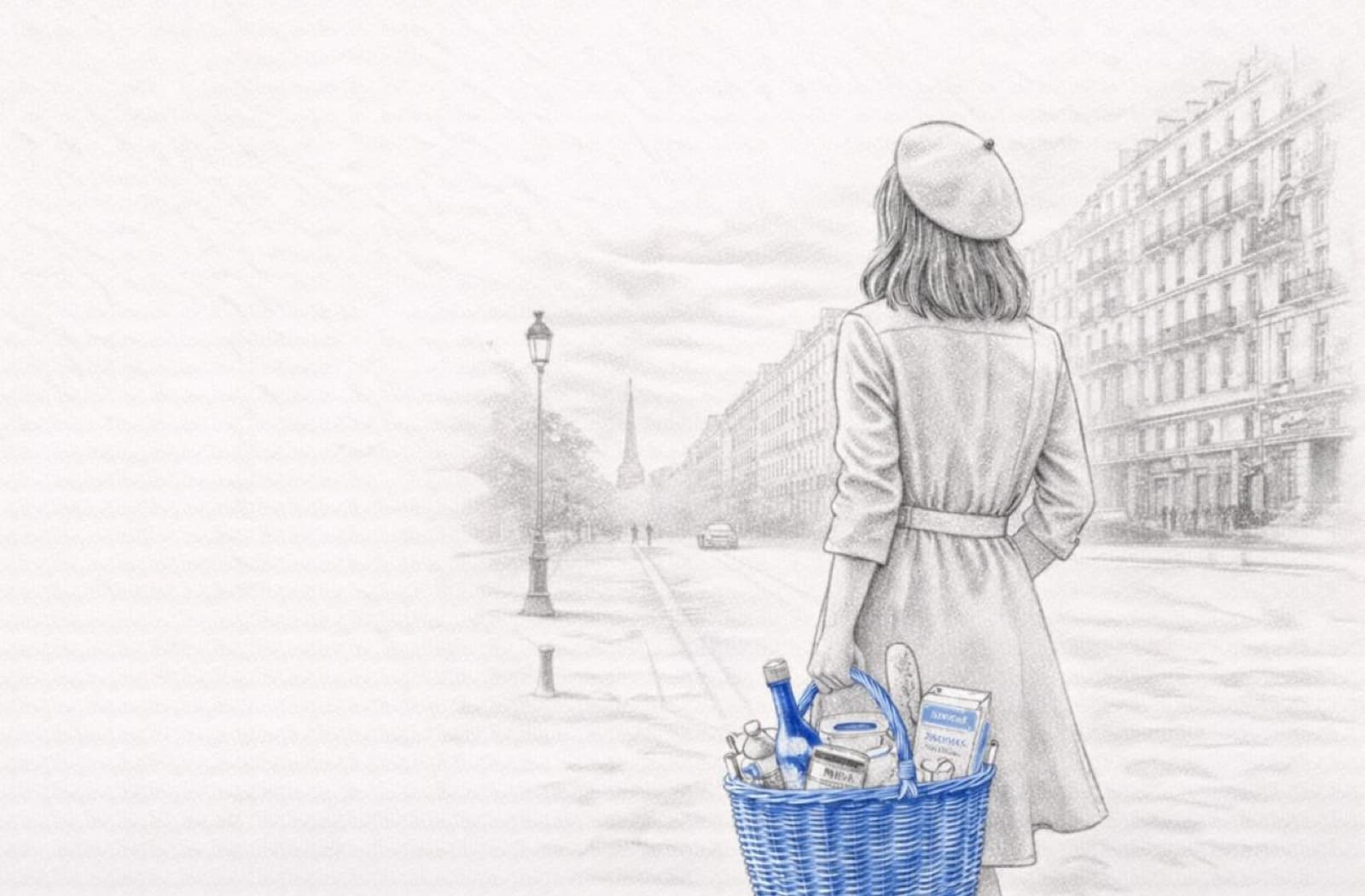 Croquis d’une Parisienne en béret portant un panier de produits bretons
